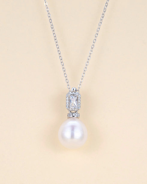 Rectangle Cubic Zirconia Pearl Pendant Necklace